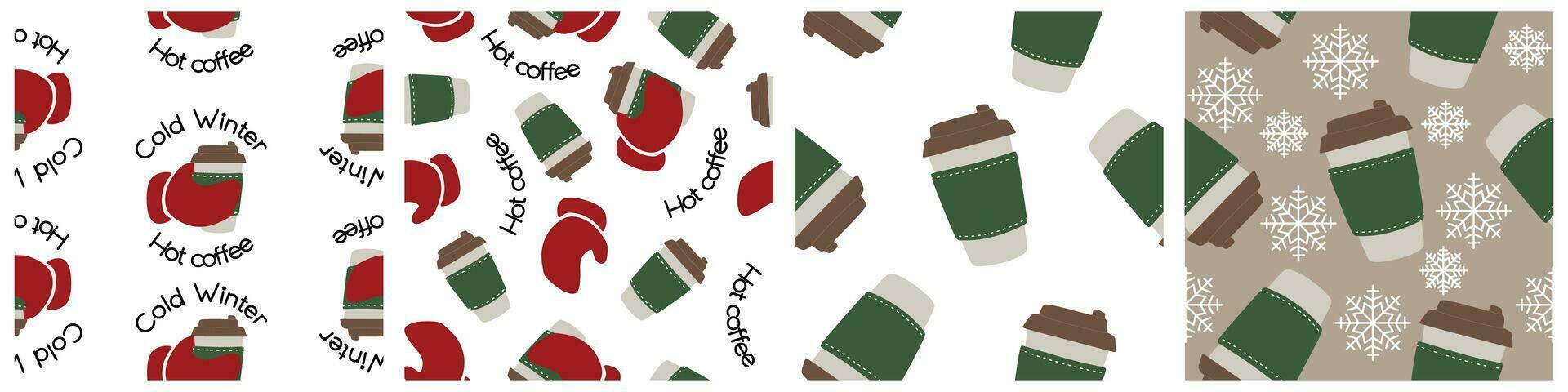 Set of Hot drinks seamless pattern. Collection of 4 different color backgrounds with Coffee, Chocolate or Capuccino. Vector Template for Winter and Autumn Advertisement, Poster, Placard.