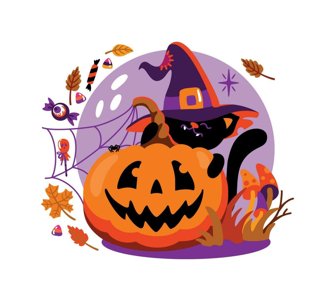 Black cat in witch hat and smiling Halloween pumpkin. Vector. vector