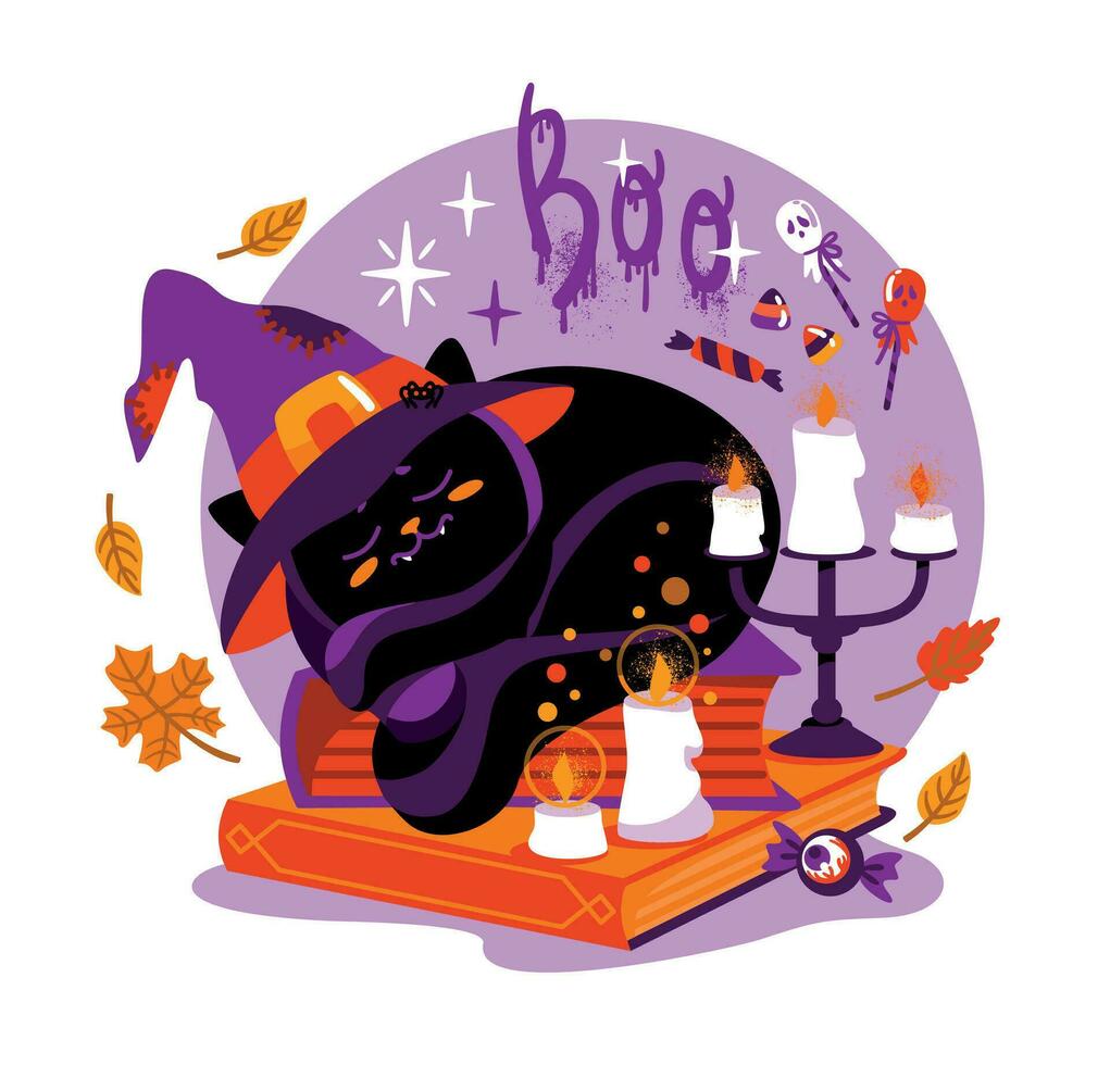 Black cat in a witch hat sleeps and has sweet dreams on a scary Halloween night. Vector illustration.