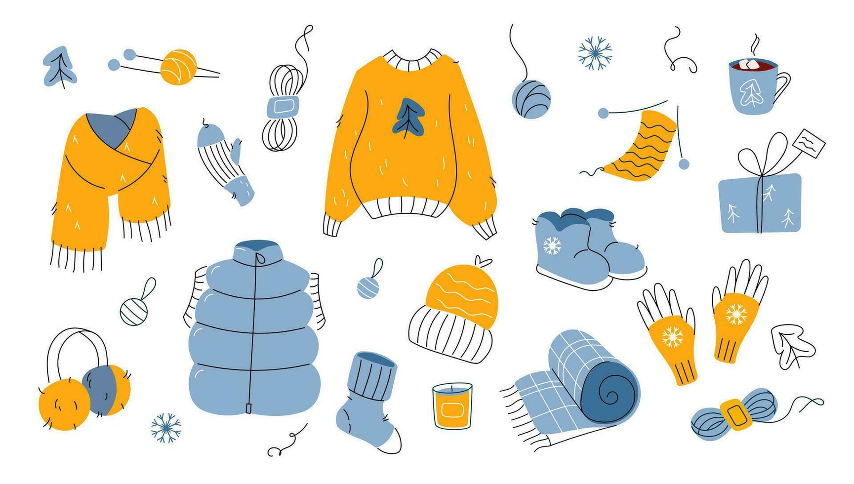 Winter warm and knitted clothes set cold weather with holiday decor. Sweater, scarf, knitted hat and mittens, down vest, boots, hot drink and yarn. Doodle hand drawn style elements on white background vector