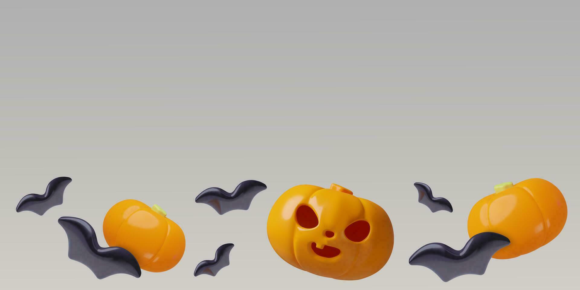 3D Halloween background with copy space. Horizontal border with flying pumpkins and bats. Minimal glossy plastic design elements. Vector illustration.