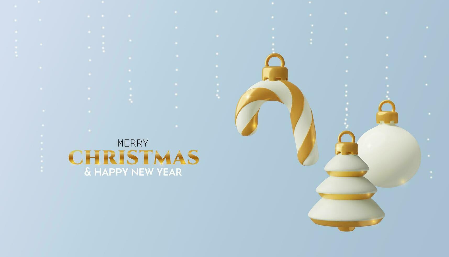 3d Navidad árbol adornos blanco y dorado mínimo saludo tarjeta o bandera antecedentes con juguete Tres dimensional nuevo año y invierno decoraciones vector ilustración.