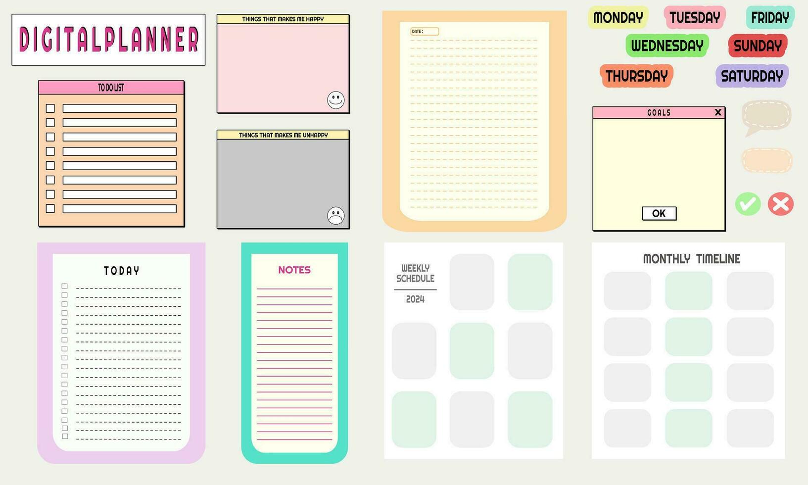 Digital planner, Weekly and Monthly planner vector