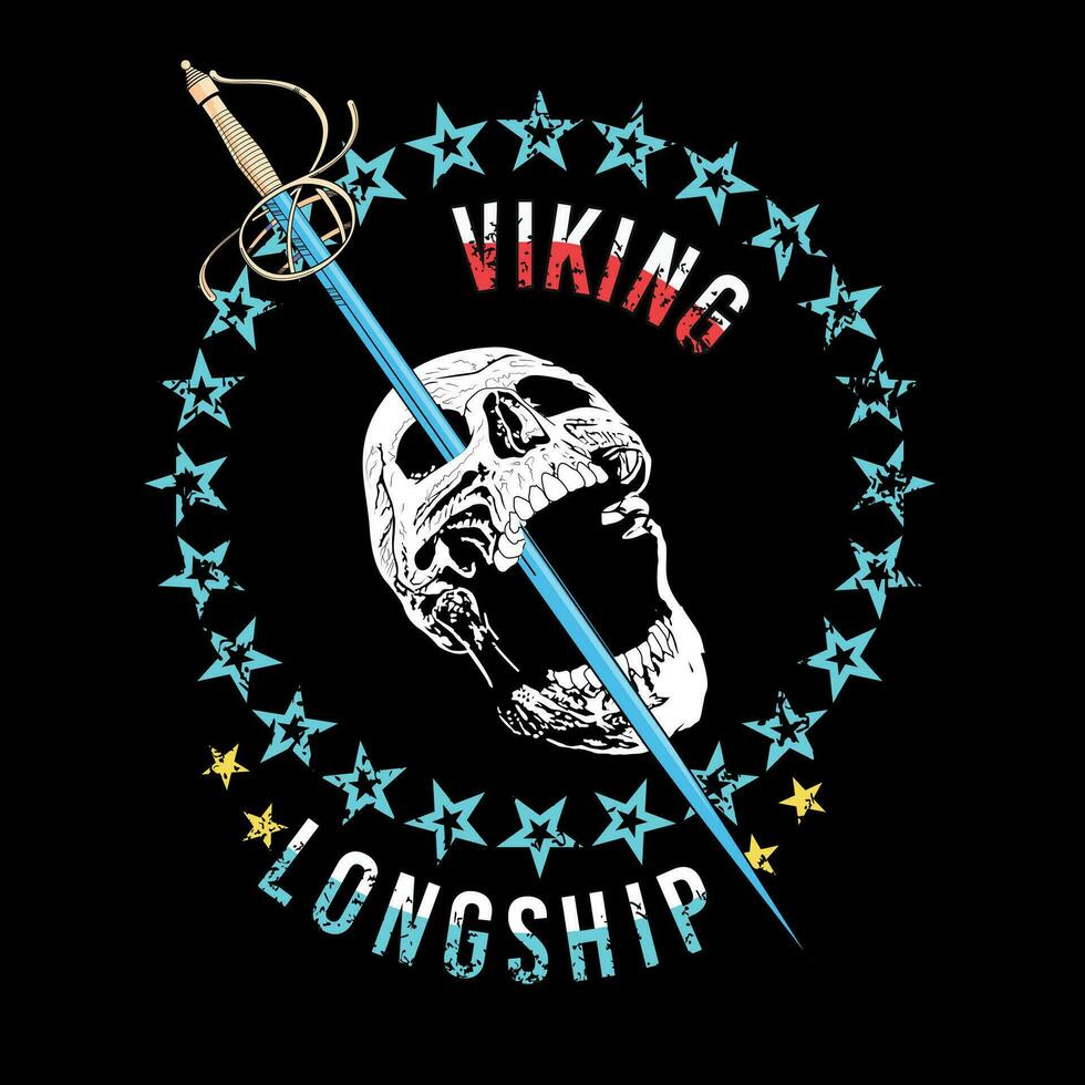 vikingo drakkar. diseño para un cráneo camiseta traspasado por un medieval espada. vector