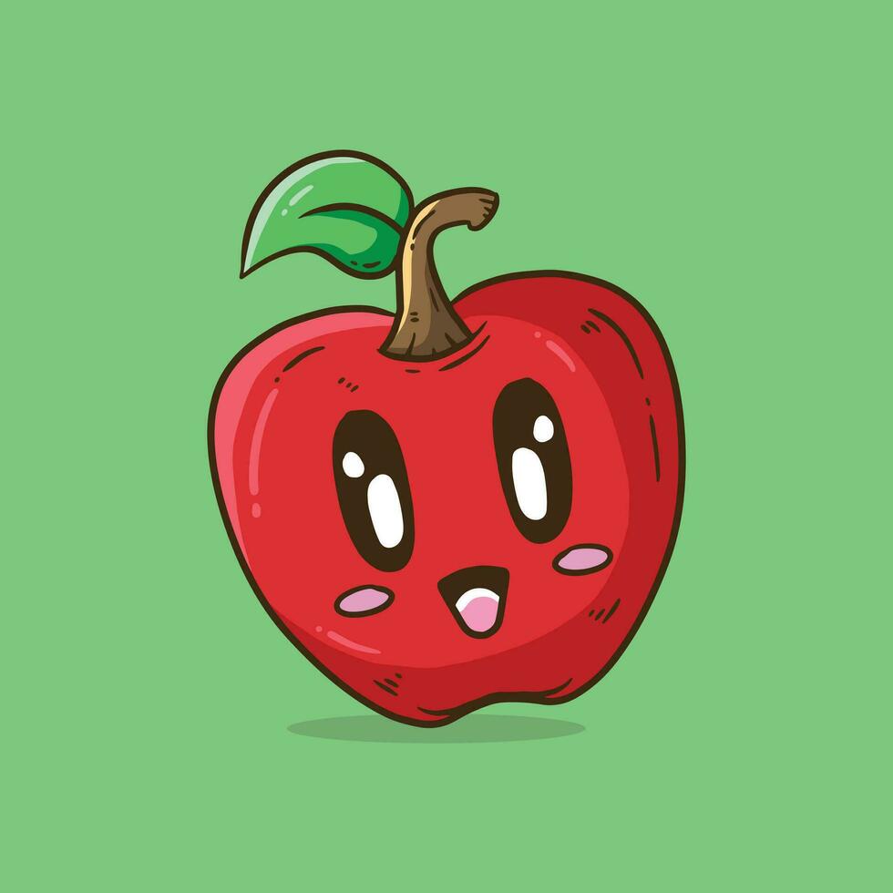 Apple character with funny face. Happy cute cartoon apple. Healthy vegetarian food character vector illustration.