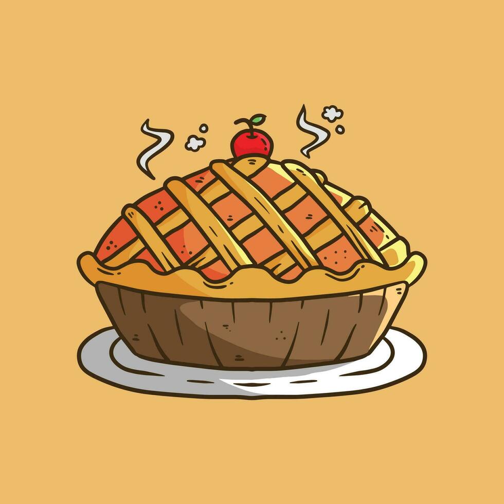 Pies Vector Cartoon Illustration.Thanksgiving and Holiday Pie. Happy Thanksgiving Day traditional pie with Cherry on the top