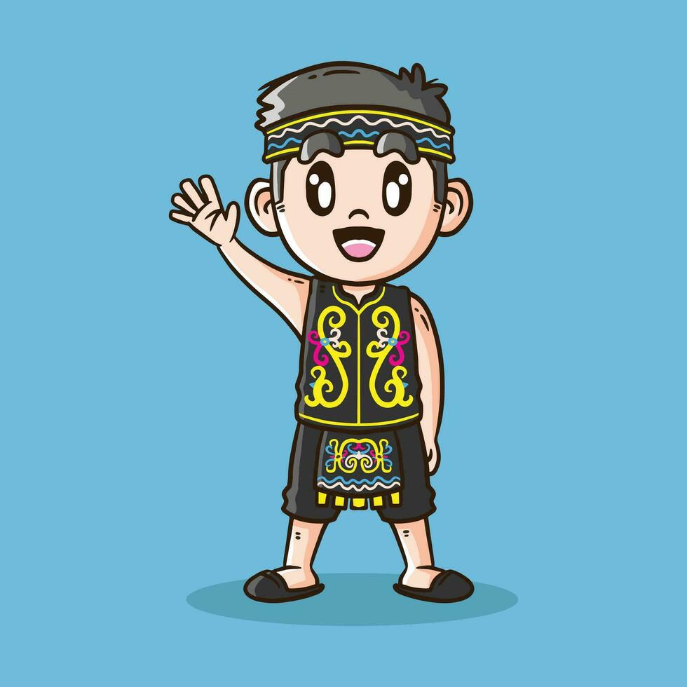 Cute Indonesian boy wearing Dayak, Kalimantan traditional dress cartoon vector. Indonesia traditional clothes cartoon vector design.