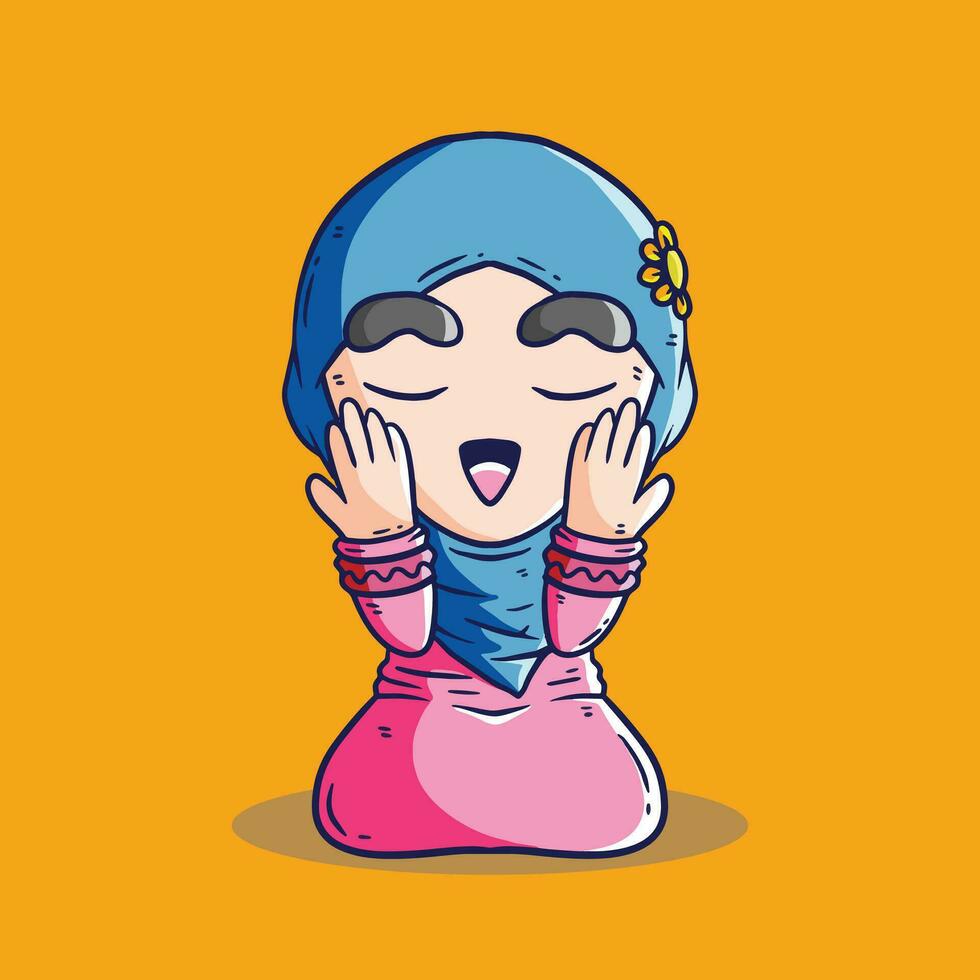 linda musulmán hijab niña sentado y orar. linda dibujos animados vector icono ilustración. personas religión icono concepto aislado prima vector. islámico dibujos animados ilustración.
