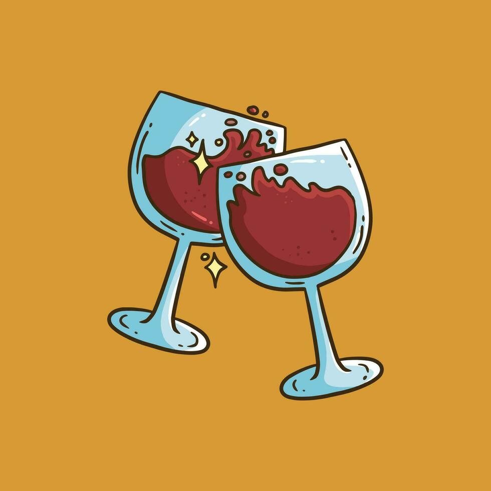 Clink wine glasses cartoon illustration style. Glasses with alcoholic beverages. Thanksgiving wine cheers. vector