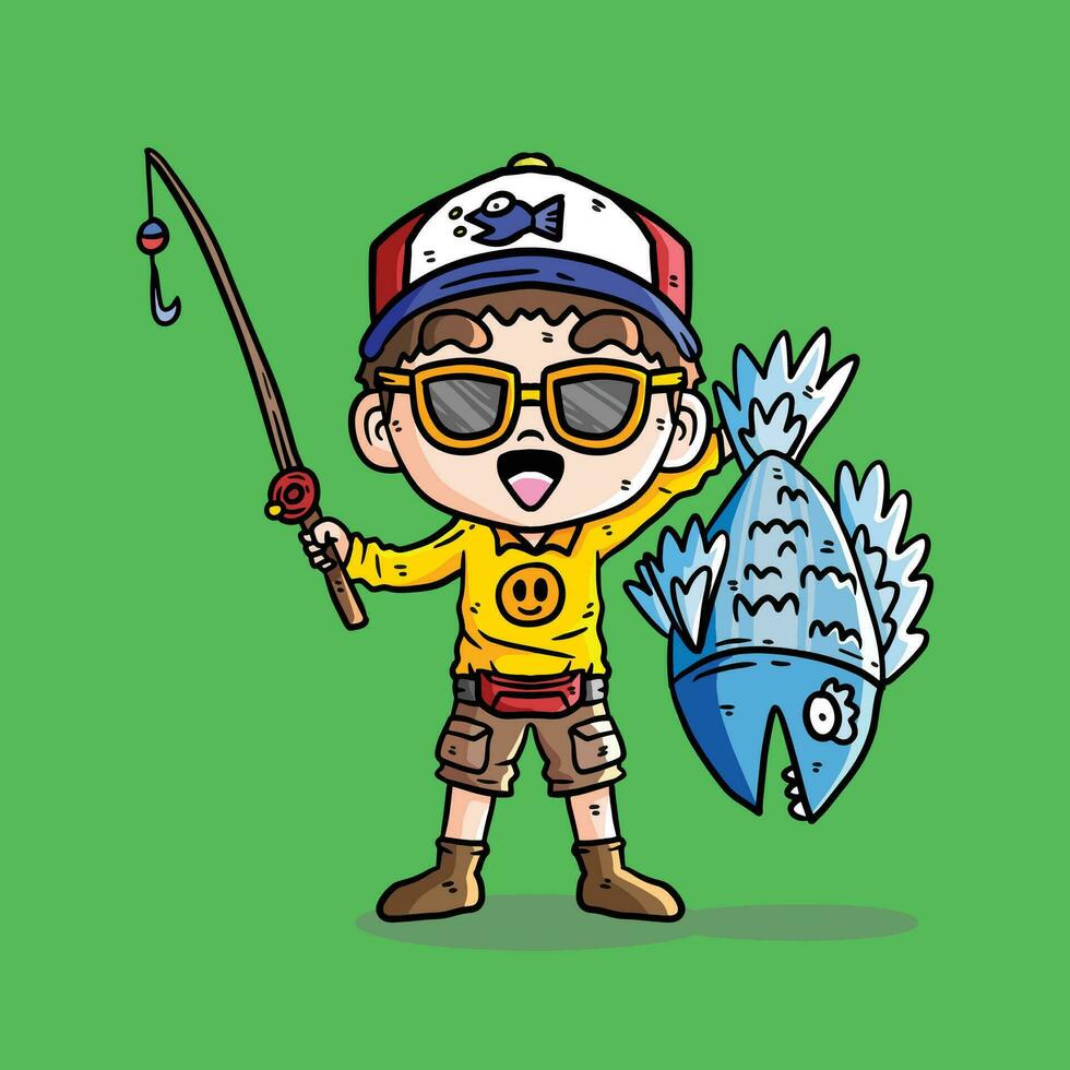 linda vector ilustración de chico pesca. vector ilustración de un pescador. pescador vector ilustración. pescar un grande pescado ilustración.