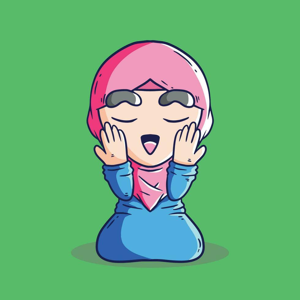 linda musulmán niña en hijab sentado y orar dibujos animados vector icono ilustración. personas religión icono concepto aislado prima vector. islámico dibujos animados ilustración.