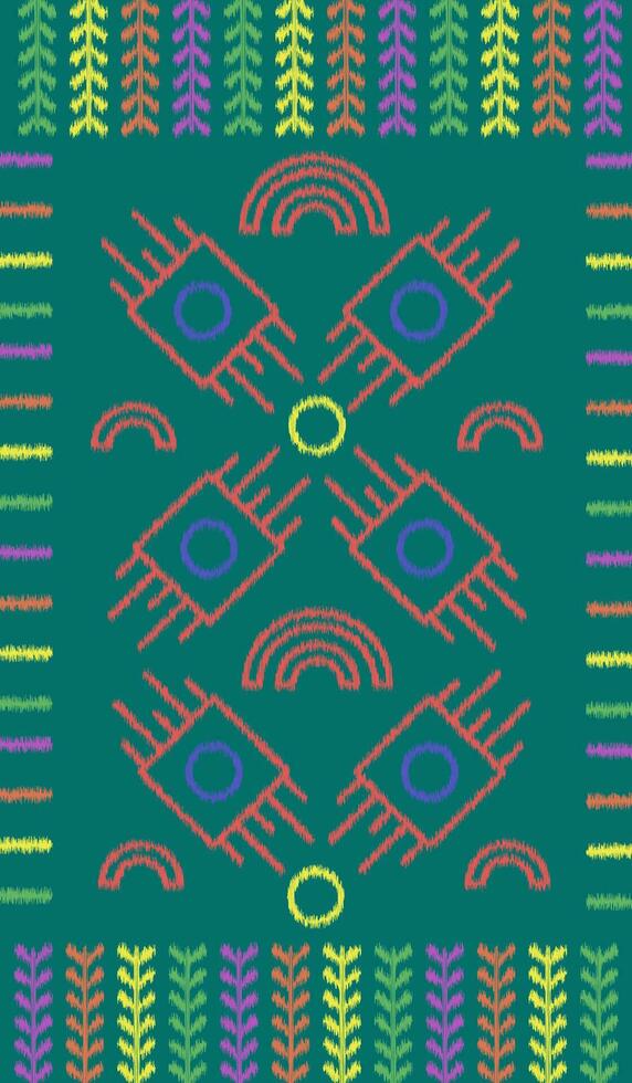 Ikat colorful embroidery on green background. geometric modern oriental pattern Scandinavian. Aztec style abstract vector illustration. design for texture,fabric ikkat Style