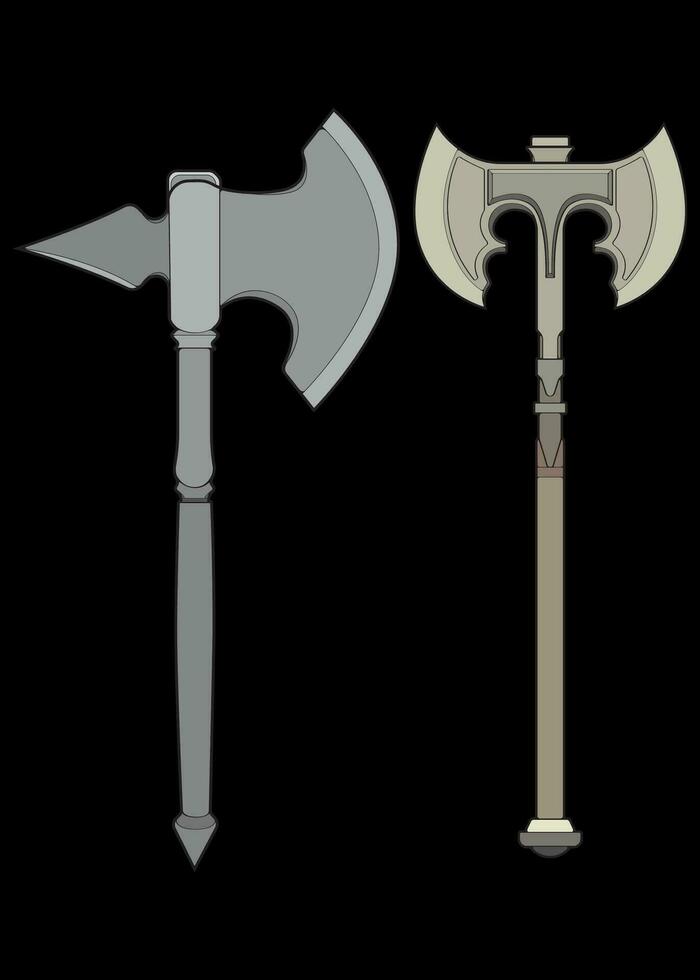 Set Of Fullcolor Medieval Axe Vector Weapon. Vector Hand Drawn Illustration Isolated On Black Background.