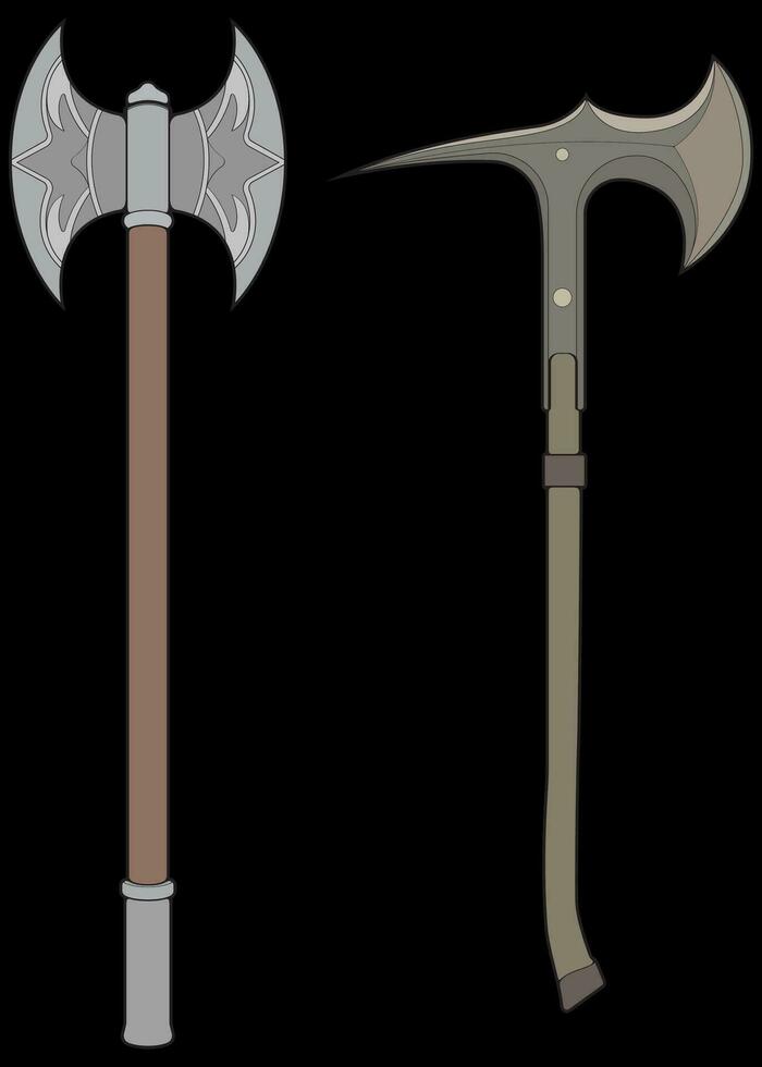 Set Of Fullcolor Medieval Axe Vector Weapon. Vector Hand Drawn Illustration Isolated On Black Background.