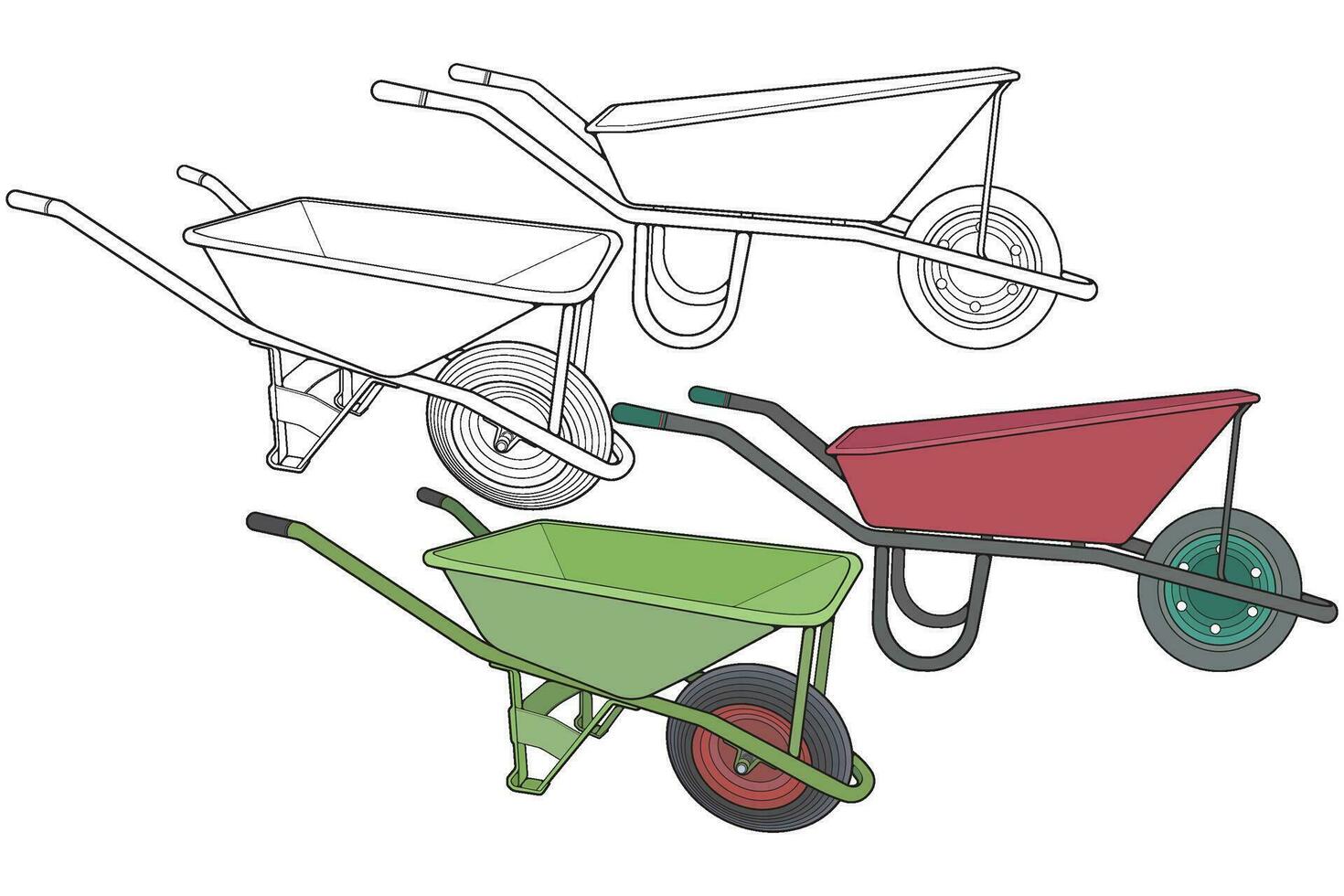 Set of single Wheel Barrow vector fullcolor .Trolley fullcolor vector illustration isolated on black background.  Wheel Barrow outline illustration.