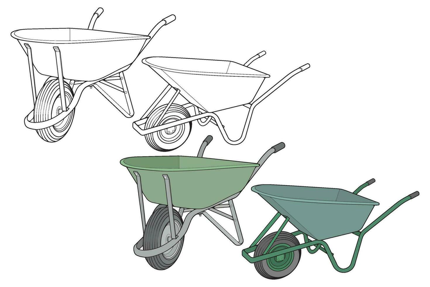 Set of single Wheel Barrow vector fullcolor .Trolley fullcolor vector illustration isolated on black background.  Wheel Barrow outline illustration.