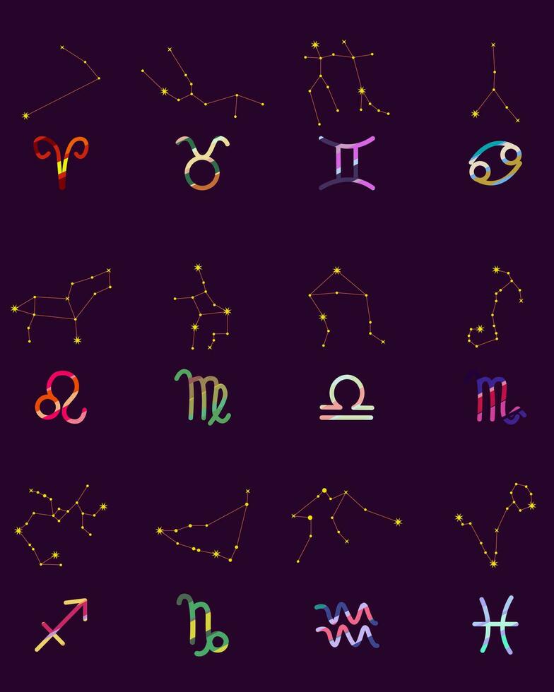 Set Zodiac signs, Colorful zodiacs, Icons for the design of Esoteric with Constellations, astrologic maps, calendars. Vector elements on dark background. The color of the element of the month