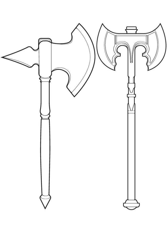 Set Of Outline Medieval Axe Vector Weapon. Vector Hand Drawn Illustration Isolated On white Background.