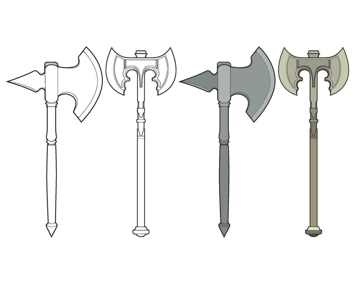 Set Of Fullcolor And Outline Medieval Axe Vector Weapon. Vector Hand Drawn Illustration Isolated On Hhite Background.