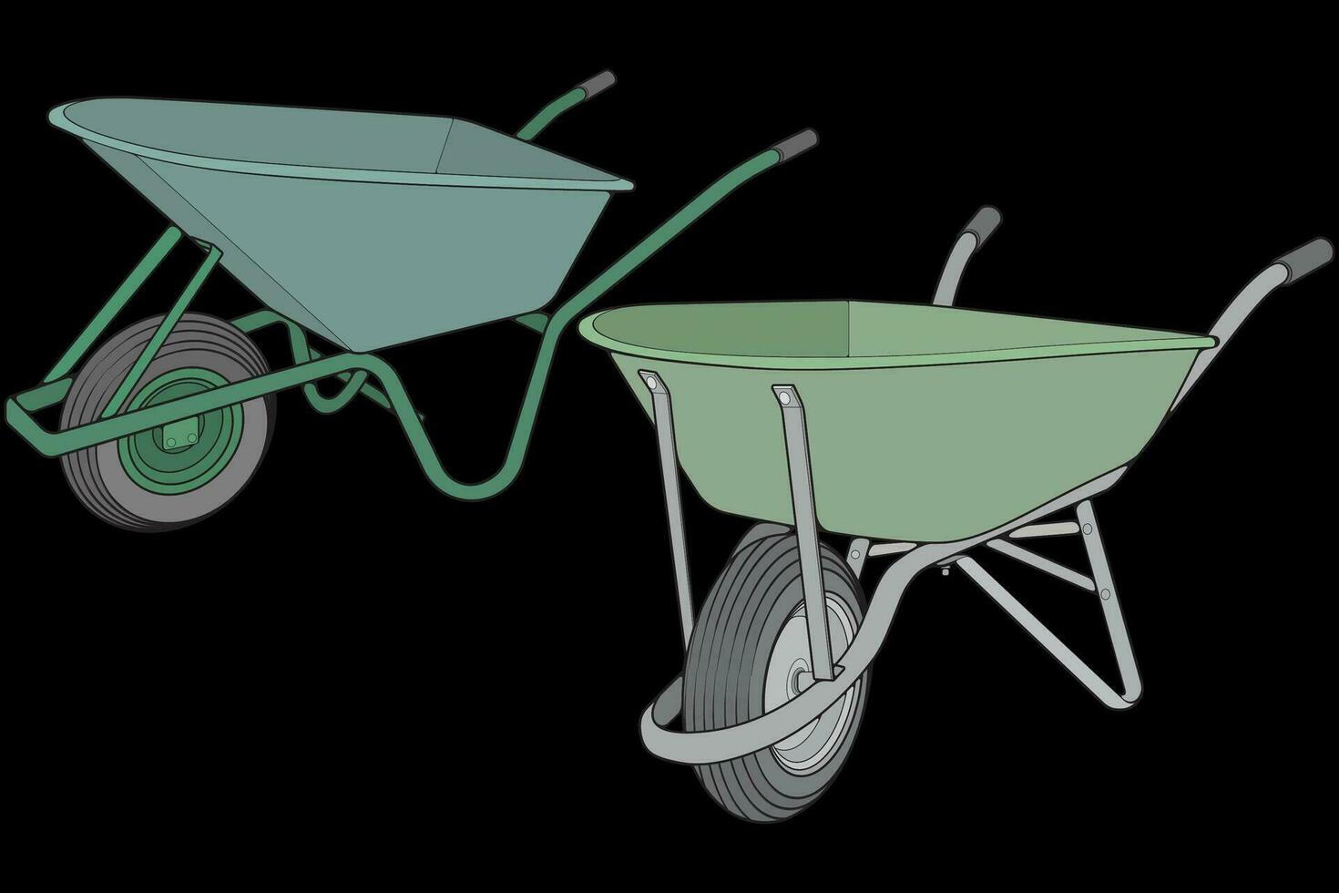 Set of single Wheel Barrow vector fullcolor .Trolley fullcolor vector illustration isolated on black background.  Wheel Barrow outline illustration.