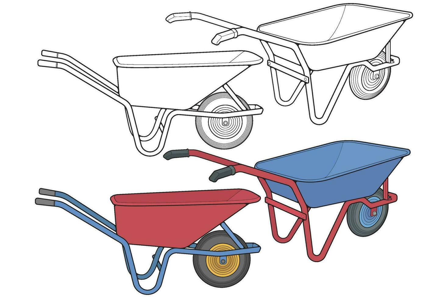 Set of single Wheel Barrow vector fullcolor .Trolley fullcolor vector illustration isolated on black background.  Wheel Barrow outline illustration.