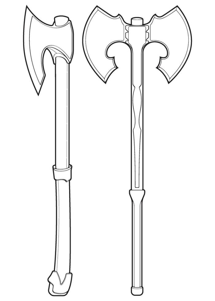 Set Of Outline Medieval Axe Vector Weapon. Vector Hand Drawn Illustration Isolated On white Background.