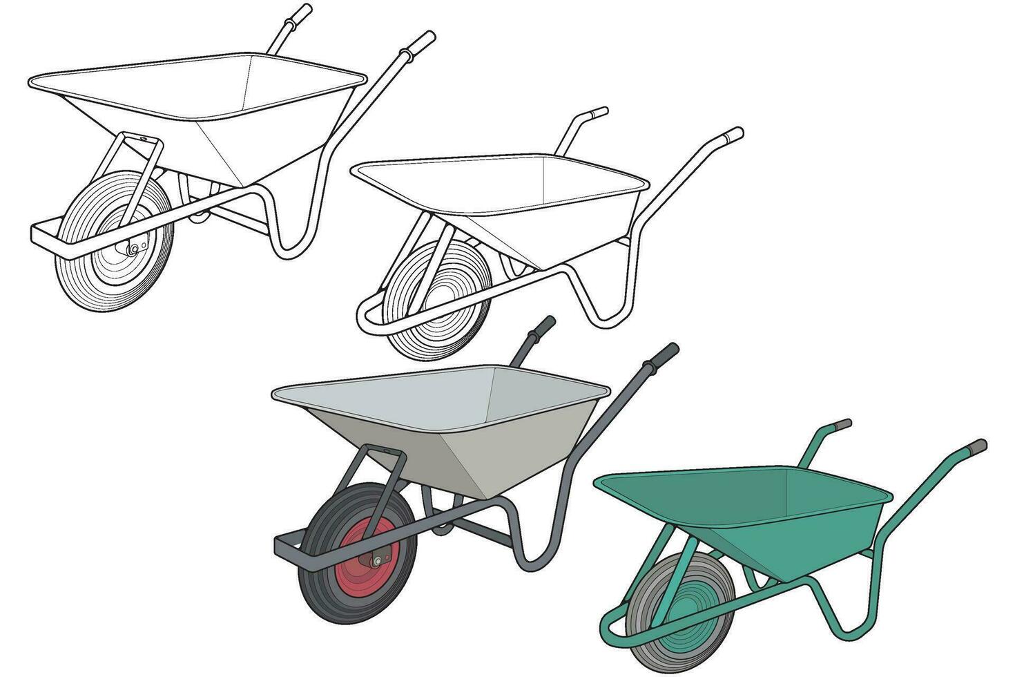 Set of single Wheel Barrow vector fullcolor .Trolley fullcolor vector illustration isolated on black background.  Wheel Barrow outline illustration.