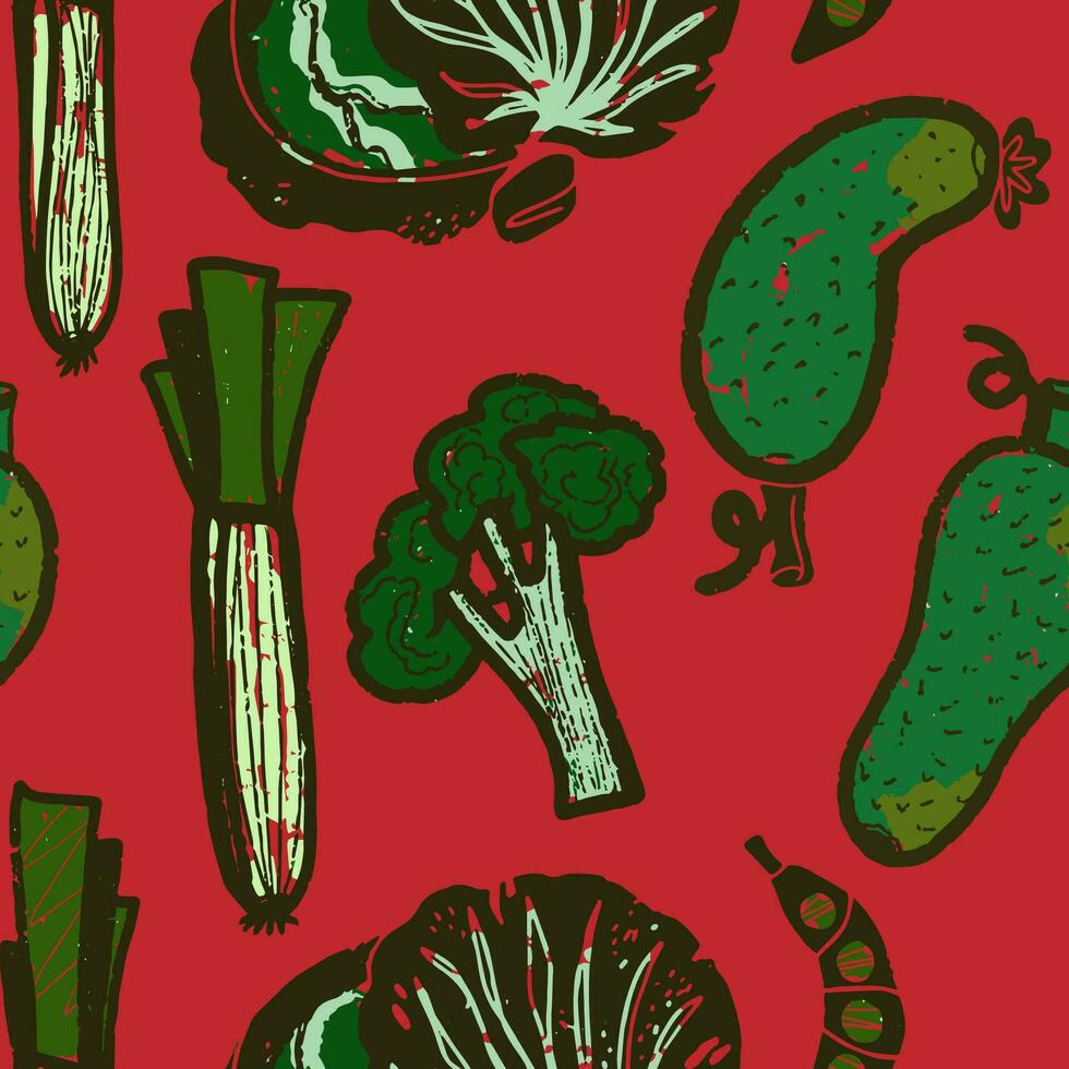 a seamless pattern of vegetables on a red background vector