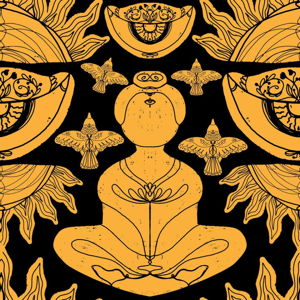 a black and gold design with a man in a lotus position vector
