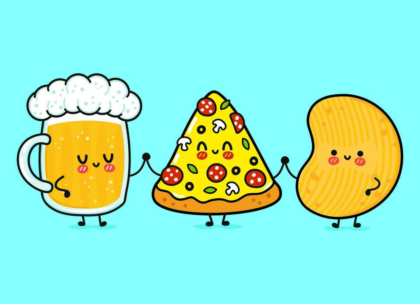 Cute, funny happy glass of beer, pizza and chips. Vector hand drawn cartoon kawaii characters, illustration icon. Funny cartoon glass of beer, pizza and chips mascot friends concept