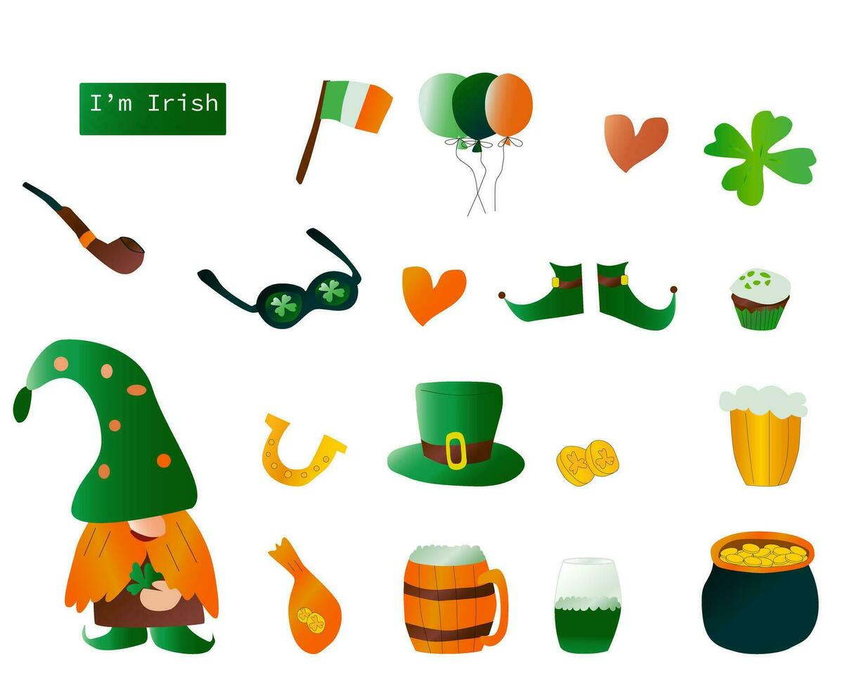 St Patriks day celebration icons set with clover, leprecon vector