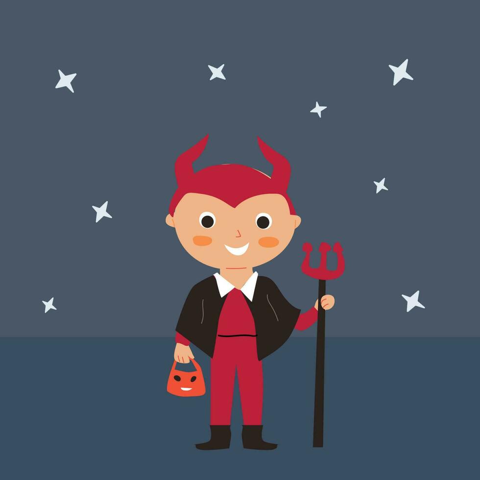 cute boy in Halloween devil costume on night. Vector illustration on dark background. Greeting card or invitation banner.