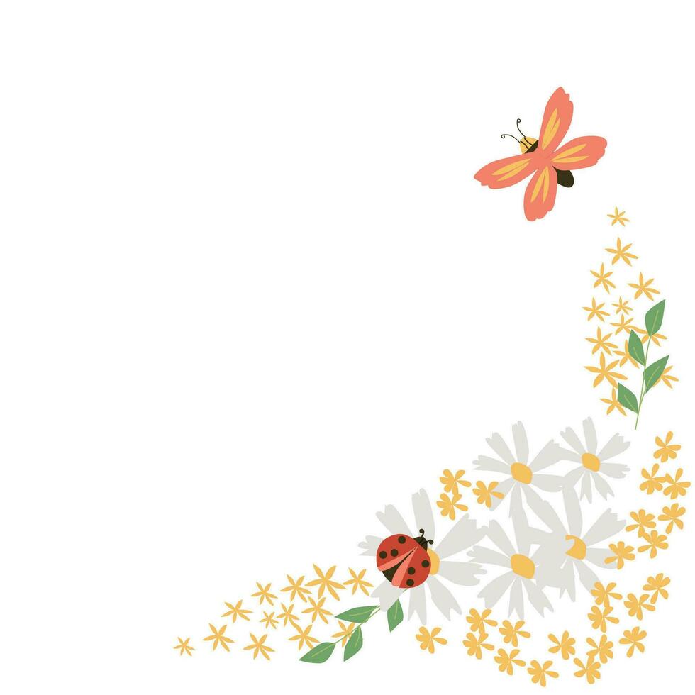 linda flor y chinche, mariposa esquina marco vector