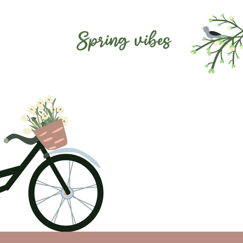 Bicycle with basket of flowers. Spring time. vector