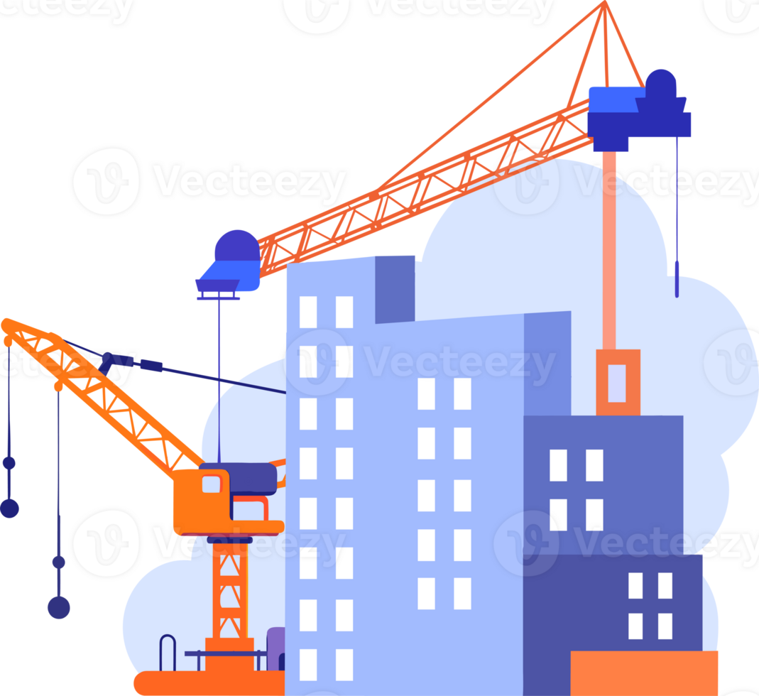 Hand Drawn Building with crane under construction in flat style png