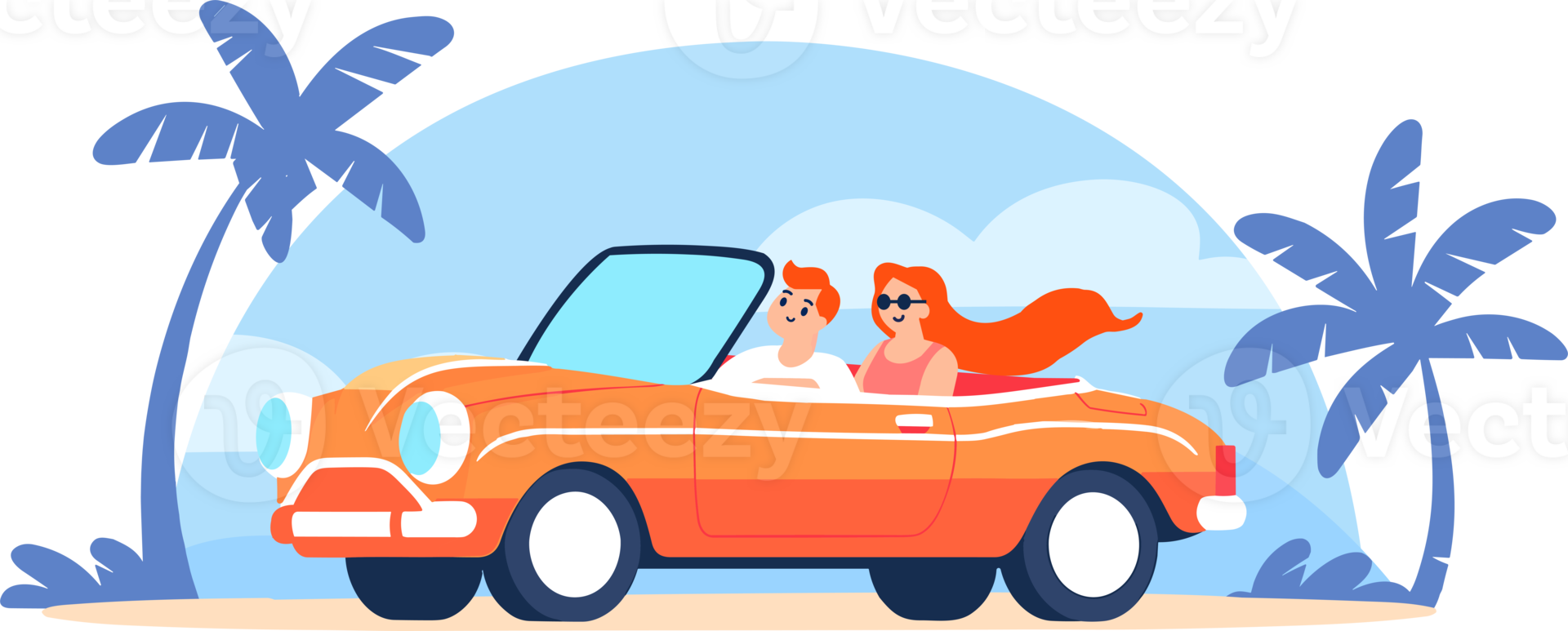 Hand Drawn Tourists drive convertibles car to the beach in flat style png