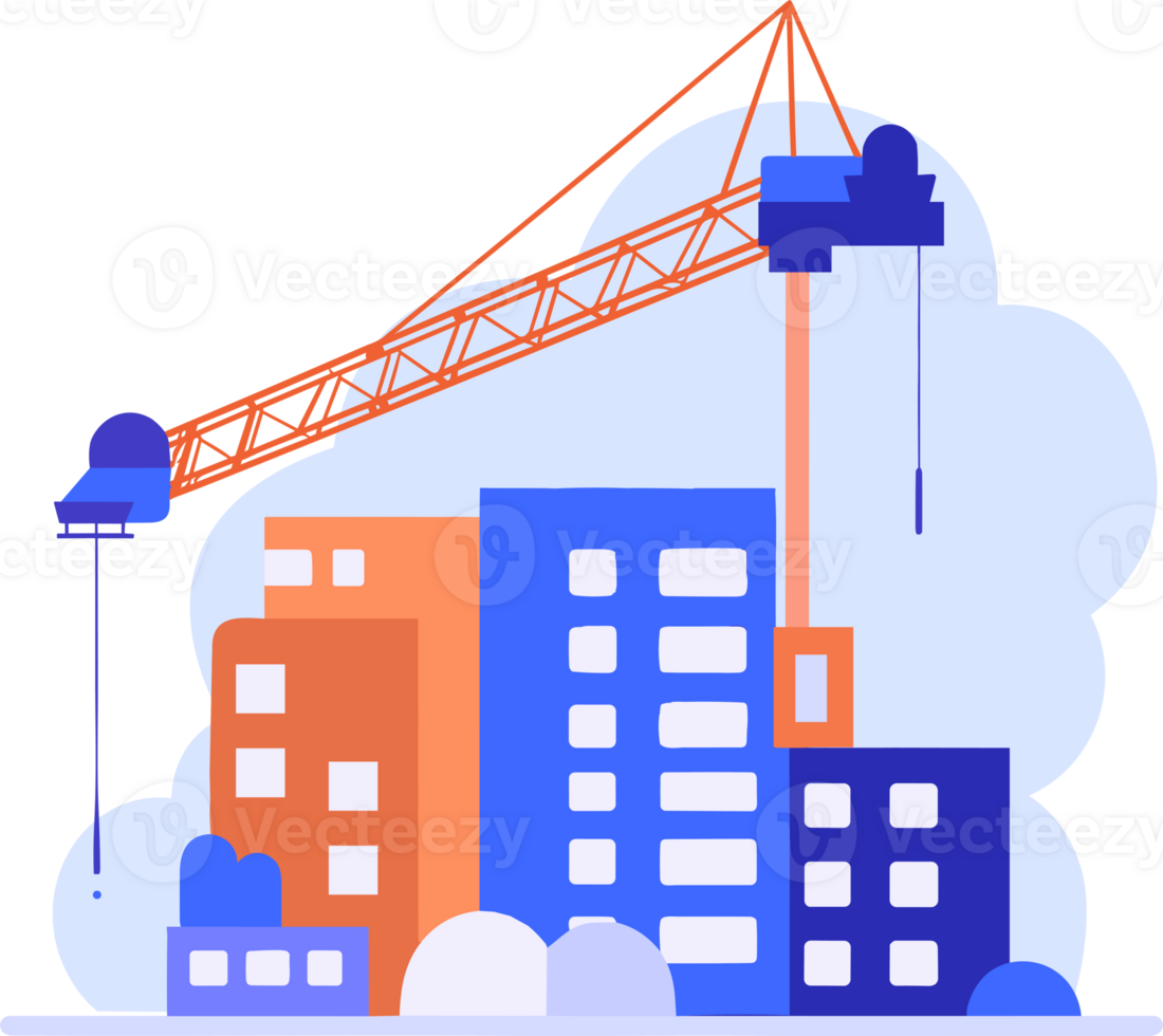 Hand Drawn Building with crane under construction in flat style png