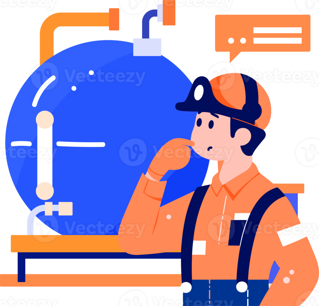 Hand Drawn Technician or engineer with engine in factory in flat style png