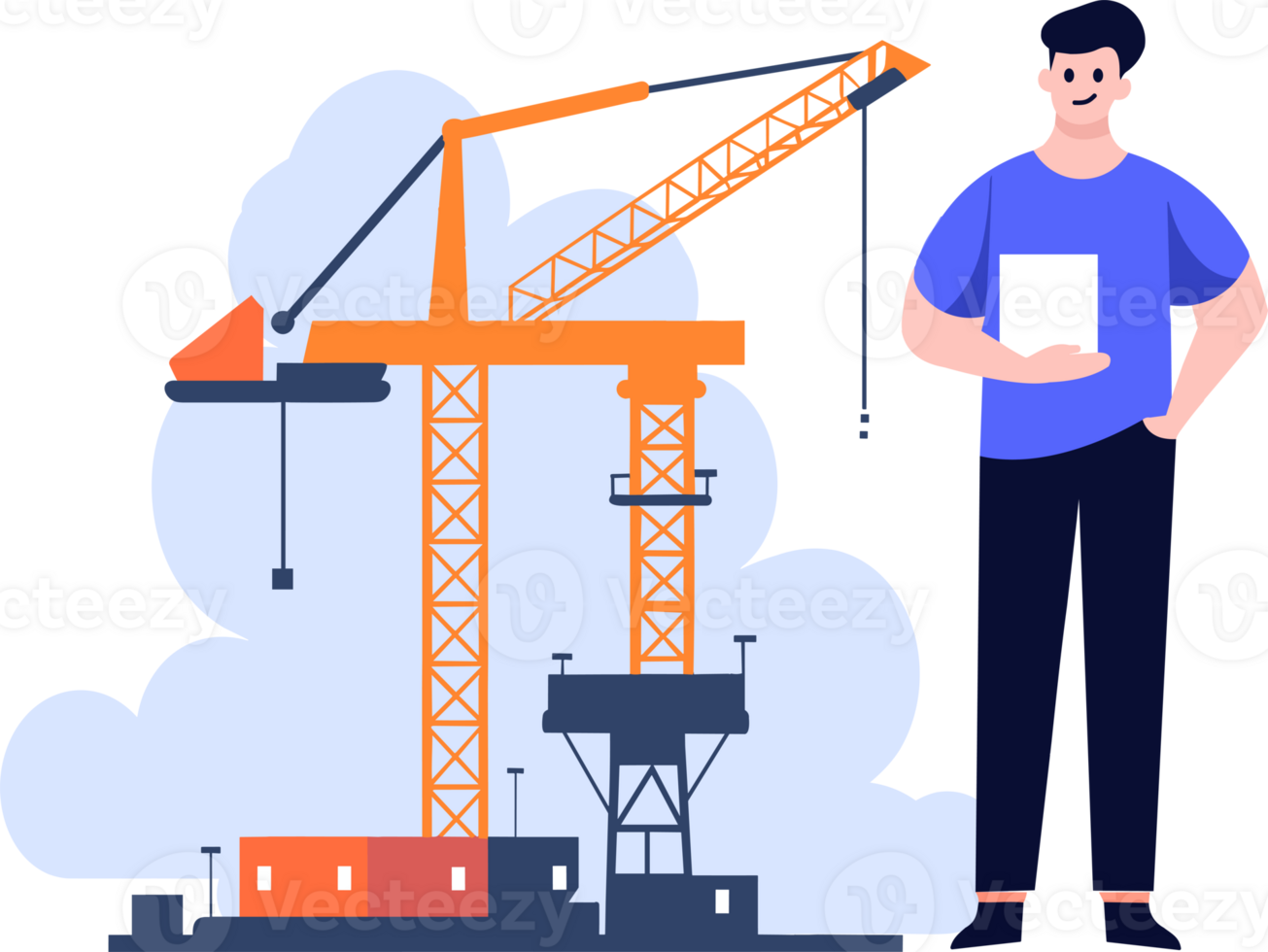 Hand Drawn Engineer or architect with building under construction in flat style png