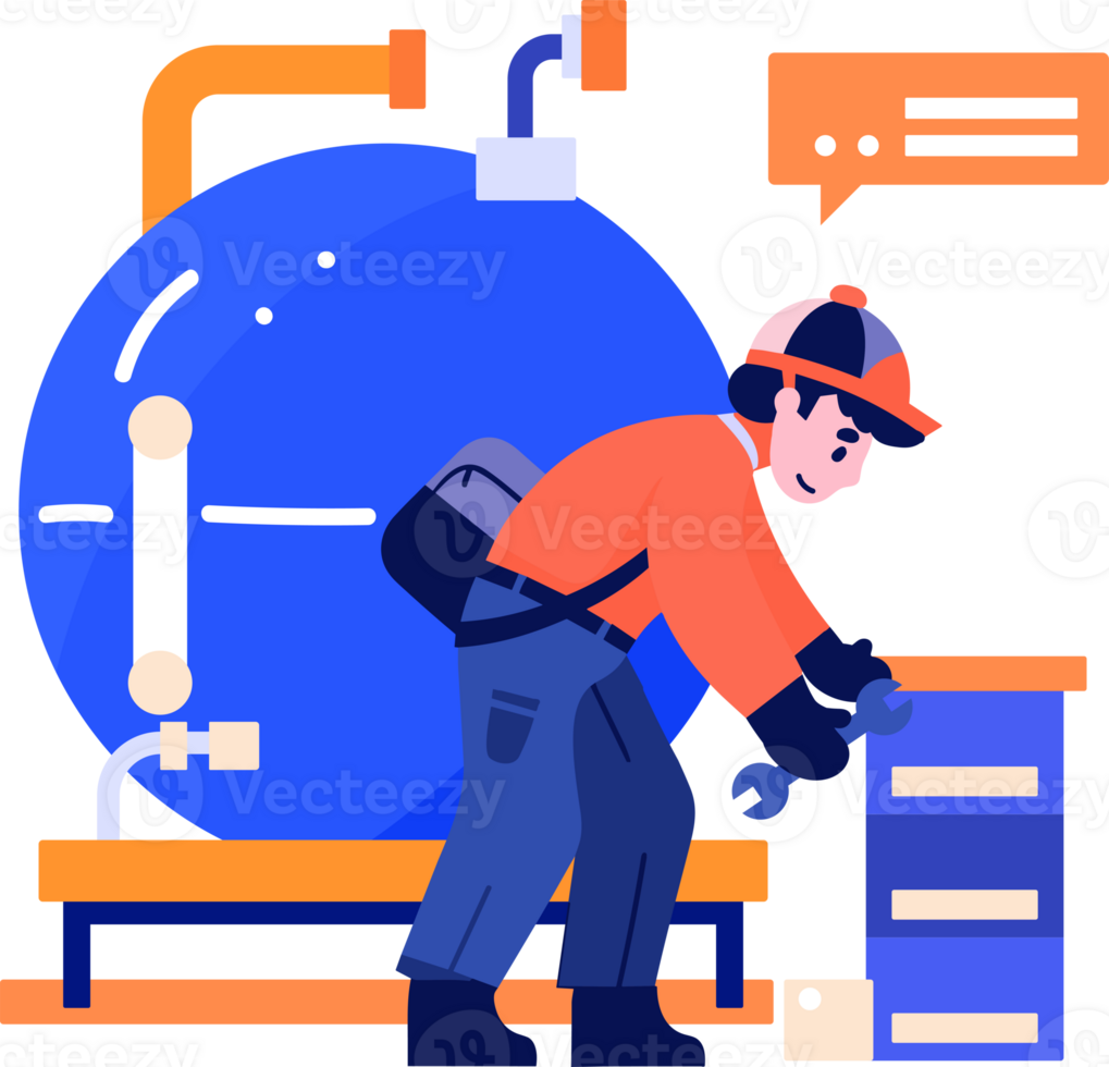 Hand Drawn Technician or engineer with engine in factory in flat style png