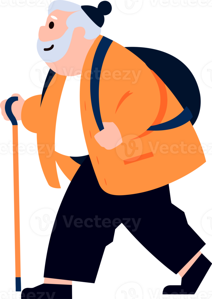 Hand Drawn Elderly characters walk with canes in flat style png