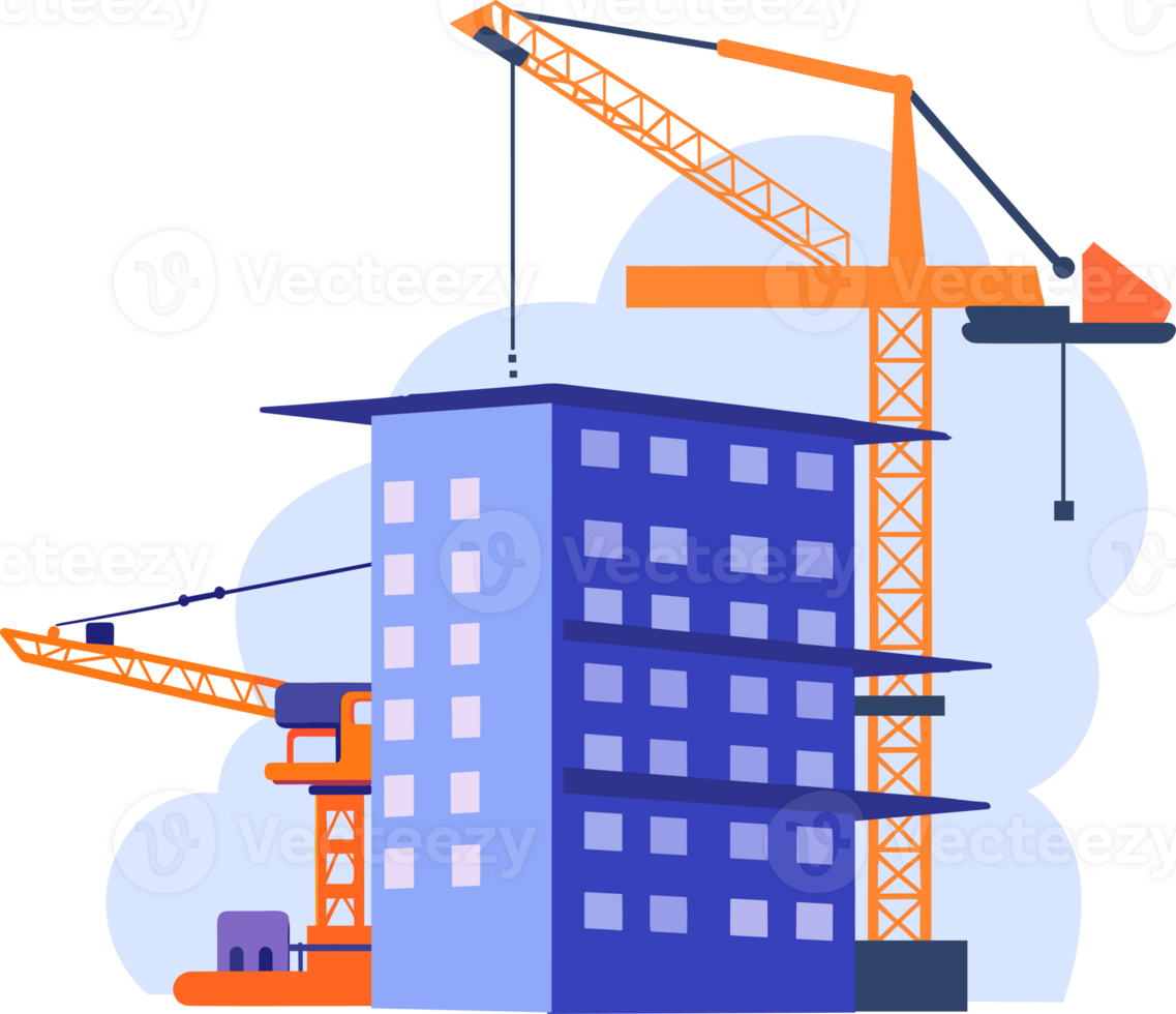 Hand Drawn Building with crane under construction in flat style png