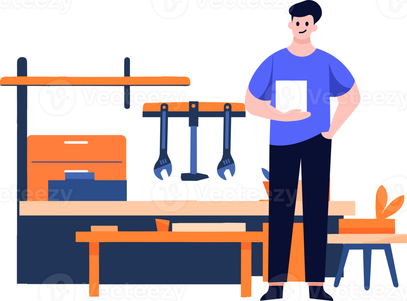 Hand Drawn Technician or engineer with engine in factory in flat style png