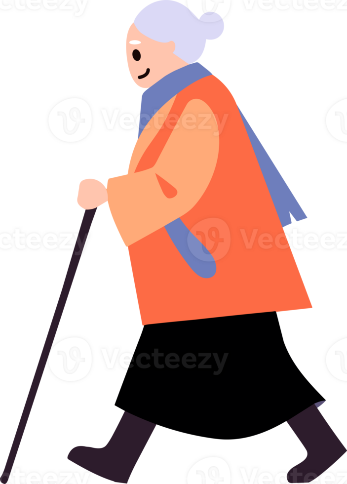 Hand Drawn Elderly characters walk with canes in flat style png