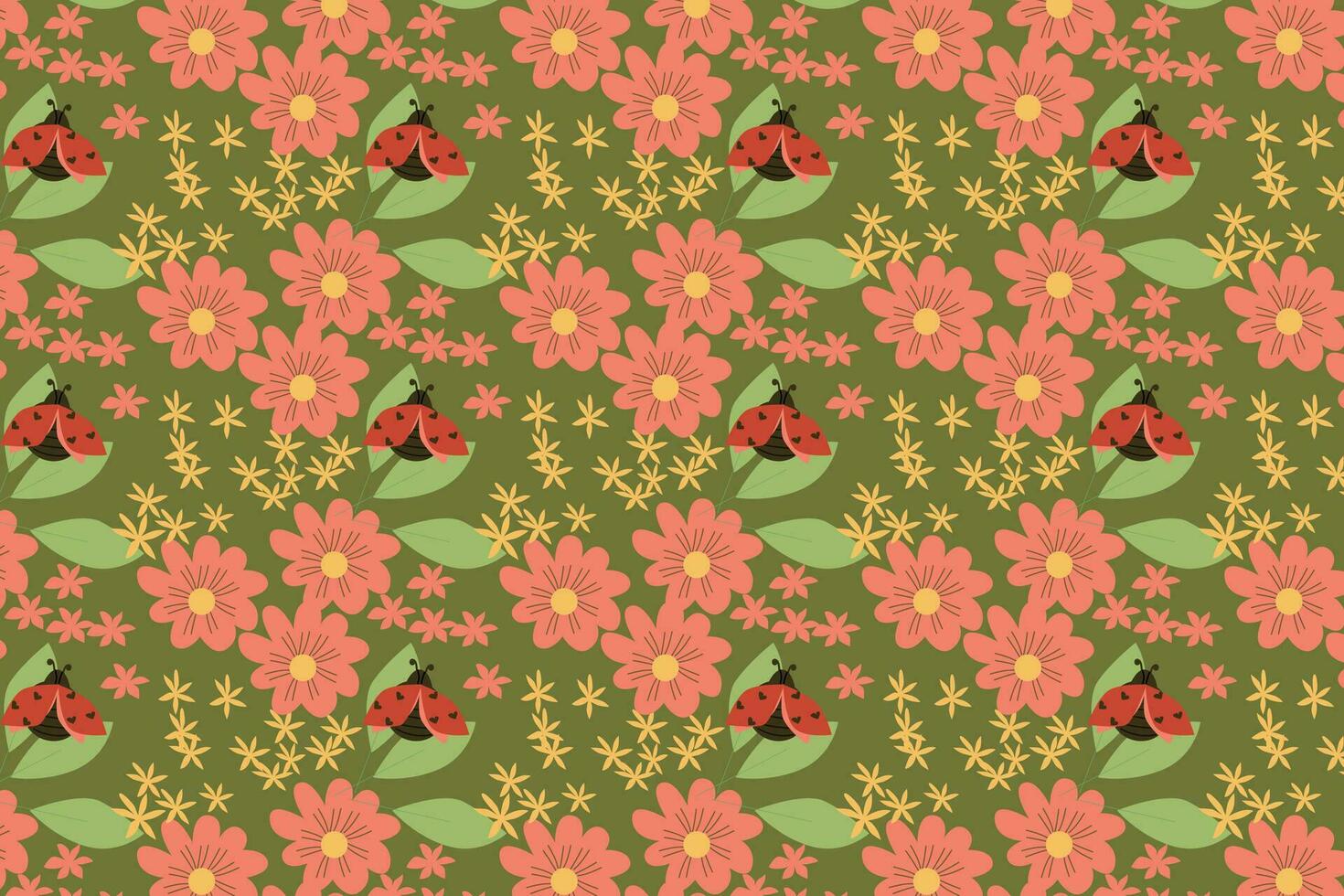 seamless pattern with ladybugs, daisy flowers vector