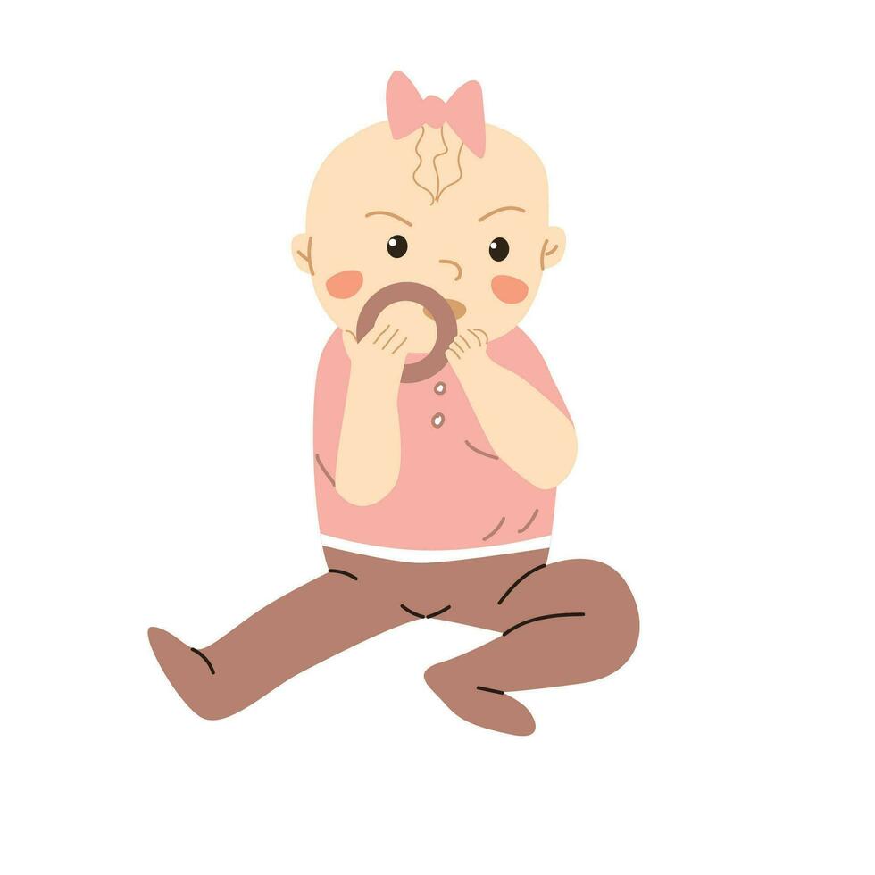 Cute Small Baby Girl chewing teething toy vector