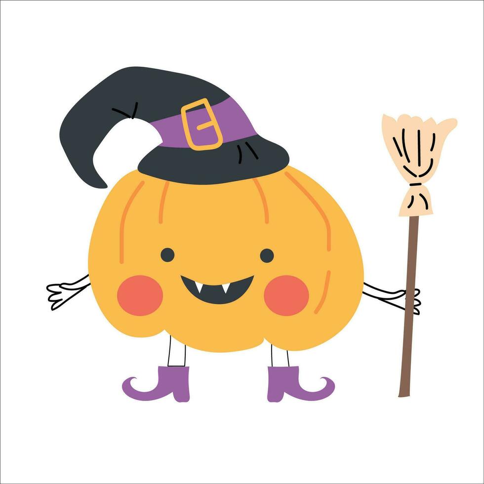 cute pumkin halloween character in witch costume vector