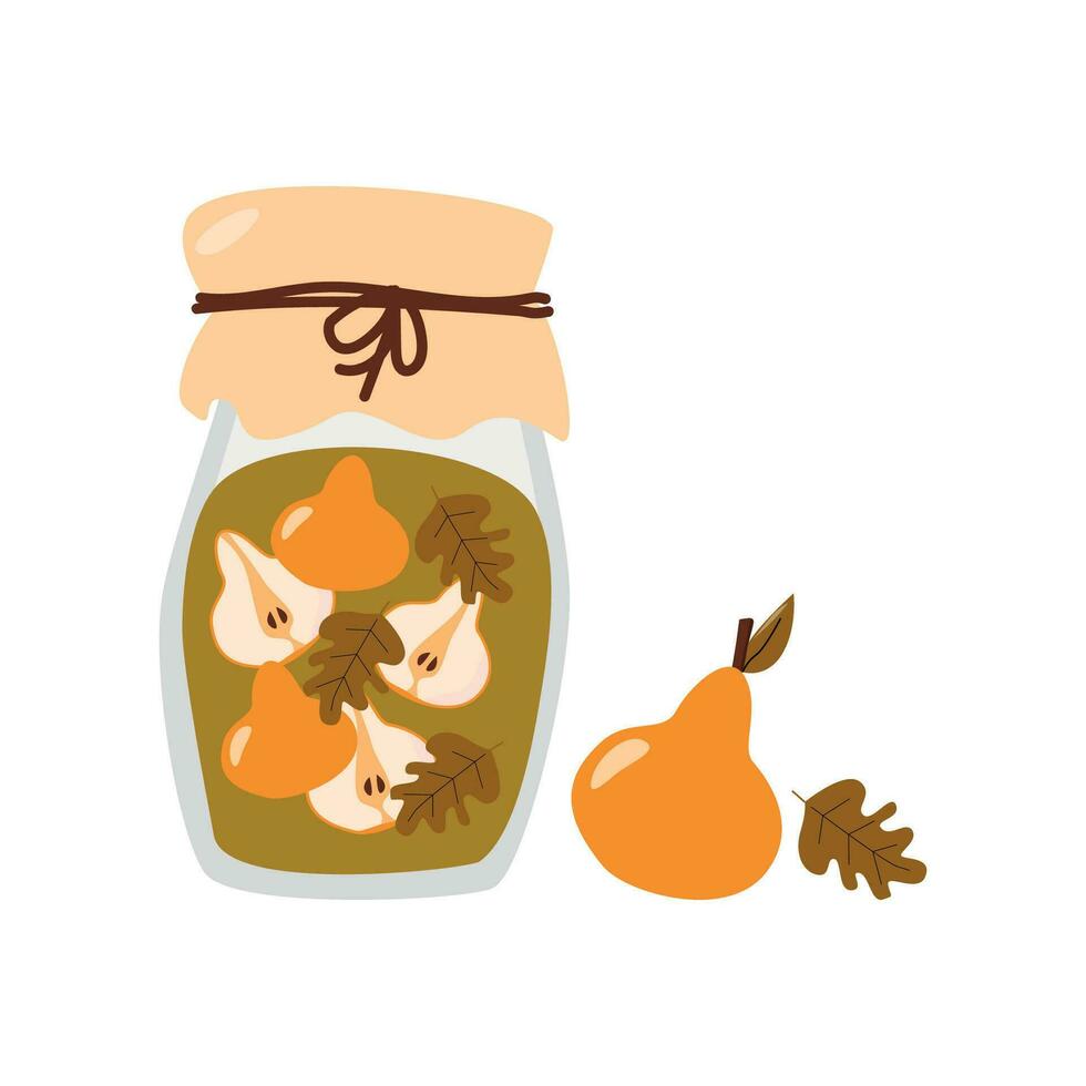 cartoon homemade compote from fresh pear in glass jar in bright colors vector