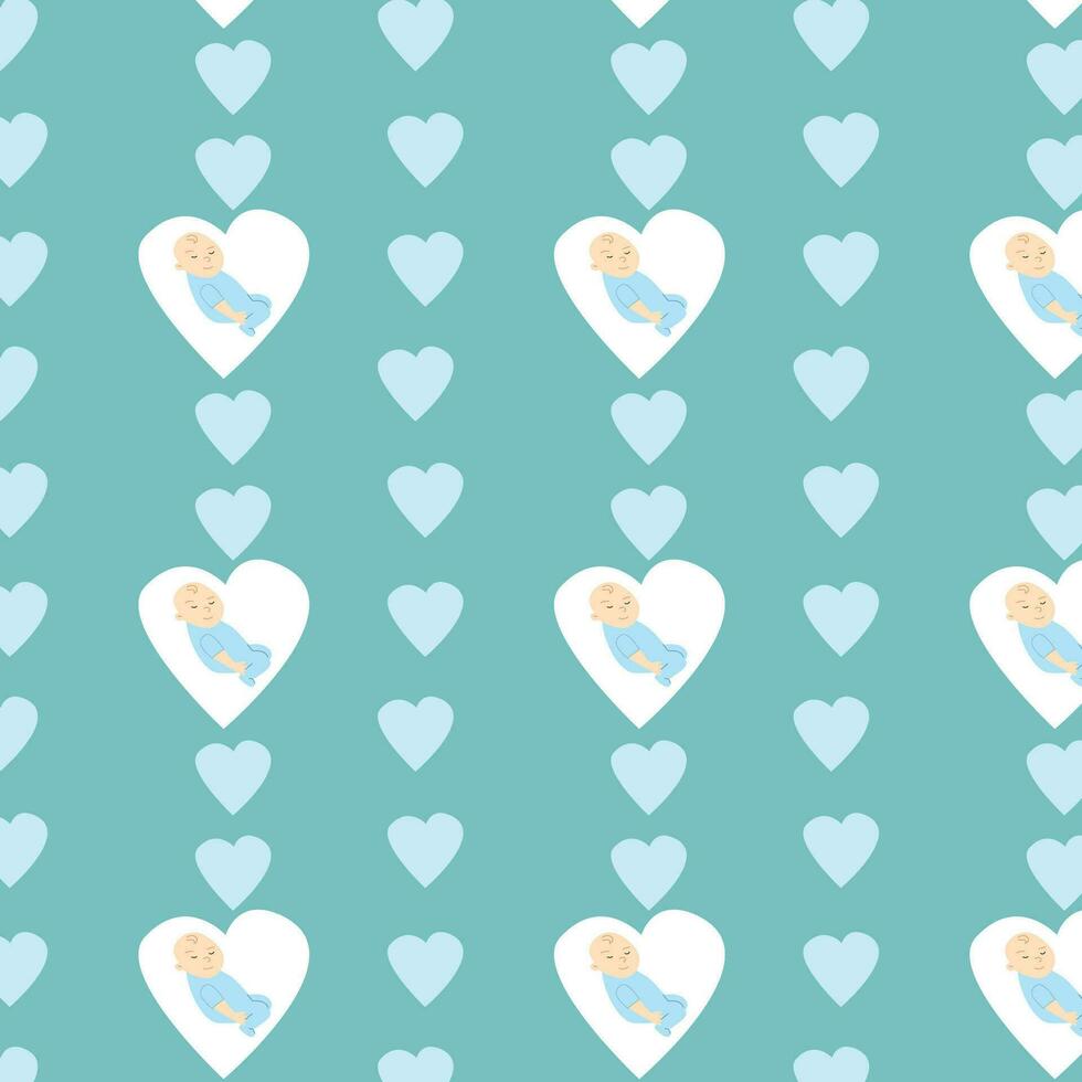 cute pattern with hearts and sleeping baby, vector