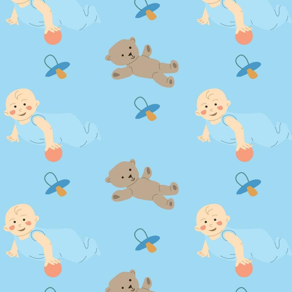 cute cartoon baby boy and teddy seamless pattern vector